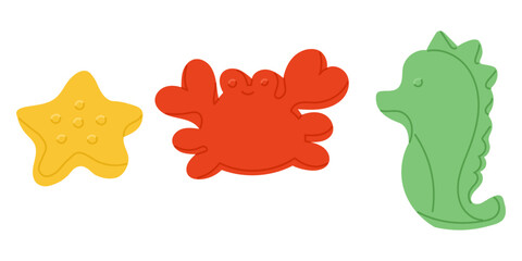 Hand drawn vector of kids beach toys shaped like starfish, crab and seahorse in bright colors. Concept of summer vacation, outdoor play and seaside fun for children in playful design