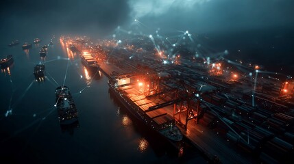 Port at night, connected by technology