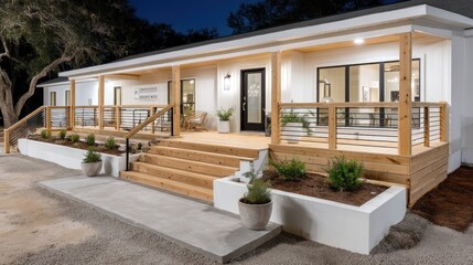 Fototapeta premium A modern wooden garden fence with LED lights highlights lush plants at night, showcasing contemporary design