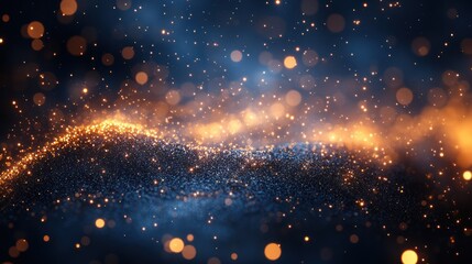 Fototapeta premium Abstract golden particles wave on dark background with bokeh lights