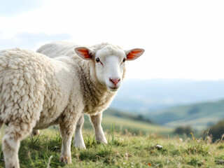 Fototapeta premium Adorable Fluffy White Sheep in Green Pasture Peaceful Farm Animal Scene Rural Idyllic Landscape Countryside Scenery Nature Photography lamb wool cute cute 