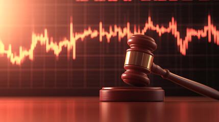 Financial Justice: A gavel rests before a stock chart, symbolizing legal oversight of market regulations & fair trade. Protecting investors & accountability.