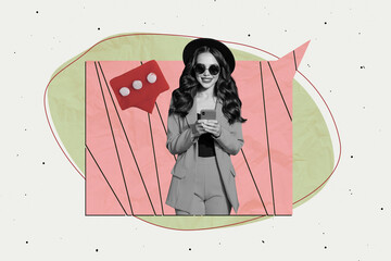 Art image trendy pop full zine photo collage of happy girl guy stand bubble communication chat...