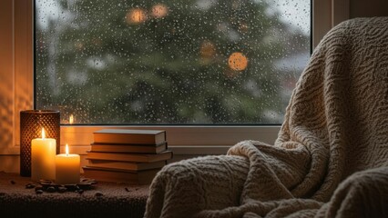 Rainy window, candles, blanket and books.