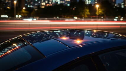 Fototapeta premium Car sunroof reflecting the city lights at night