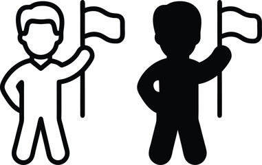 Victory Pose Icons – Outline and Solid Man Holding Flag Vector