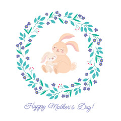 Happy Mother's Day postcard with happy mother and baby rabbit. Cute family of farm animals. Flat vector card template with floral wreath