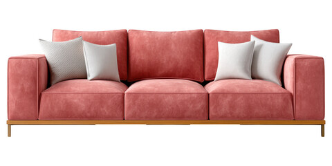 Naklejka premium Modern Coral Velvet Sofa with Wooden Legs and Soft Cushions for Living Room Decor