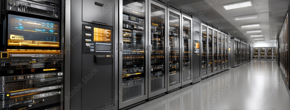 Poster detailed depiction of a server room featuring rows of computer servers with blue lighting and a slee
