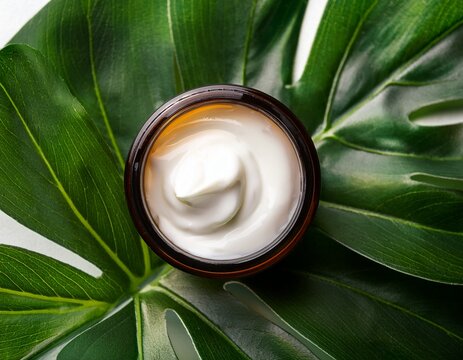 brown glass jar with white face cream whipped beef tallow facial moisturizer photographed from in flat lay style on green leaf