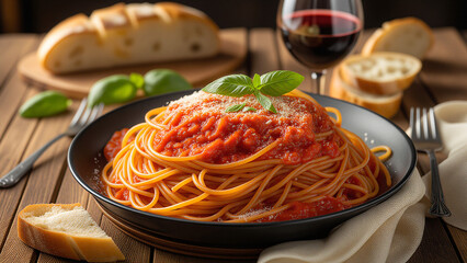 Pasta Paradise: A tantalizing plate of spaghetti, topped with a rich tomato sauce and garnished with fresh basil, awaits alongside slices of crusty bread and a glass of red wine.