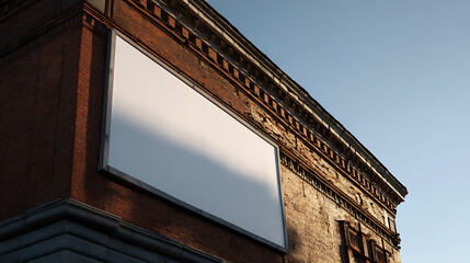 Blank advertisement space on brick wall of building. Perfect for marketing, ads, posters, billboards. Space for promotional advertisement.