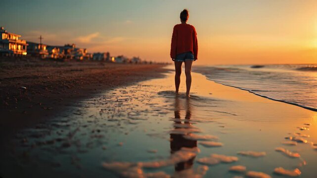 Young woman walking barefoot on the beach at sunset, wearing a red sweater and denim shorts, calm sea and golden reflections on wet sand &mdash; Generative AI