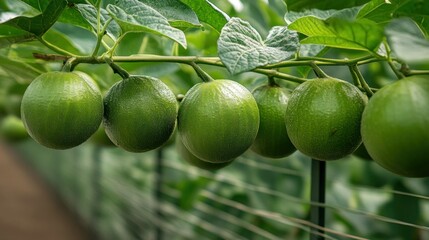 Fresh green melons hanging on vines
