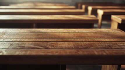 Warmth of Wooden Benches, Perspective View in a Peaceful Setting