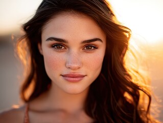 Naklejka premium Captivating portrait of a young woman with freckled skin illuminated by sunset hues expressing natural beauty and confidence with soft golden lighting enhancing her features