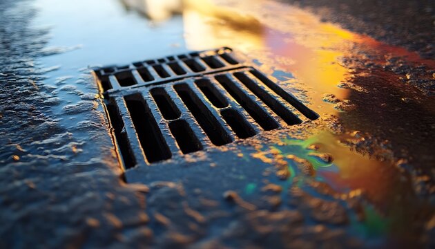 Close-up view of a dirty urban storm drain.