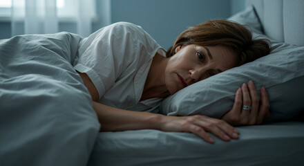 Sleeplessness and reflection: A woman's introspective moment in bed