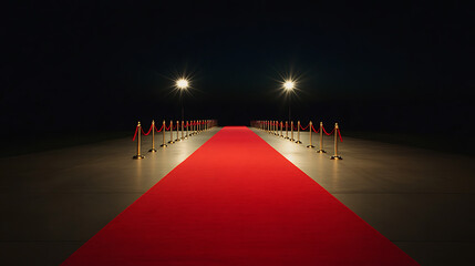 A striking red carpet illuminated by spotlights, beckoning toward an unknown destination, promising an exclusive and memorable experience.