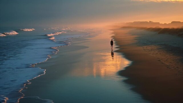 Lone figure walking along a calm beach at sunset with golden light reflecting on wet sand and soft waves gently rolling ashore &mdash; Generative AI
