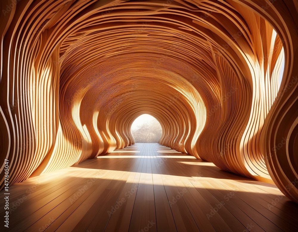 Poster wooden tunnel with a symmetrical design and natural light creating a beautiful architectural structu