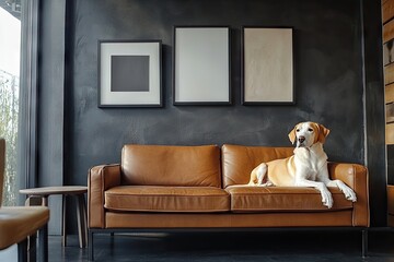 A serene living room featuring a golden retriever lounging on a stylish leather sofa. complemented by modern wall art and a cozy atmosphere with greenery