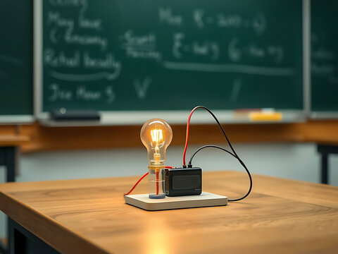 Simple physics setup with battery wires and bulb in classroom with chalkboard