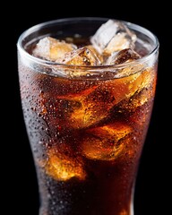 Chilled fizzy cola in a clear glass with ice and condensation