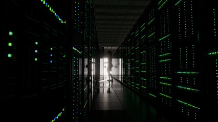 3d render of an aisle in a exascale class data center showing racks of computers and storage.  A woman is standing in front of one of the racks with the rack door open.