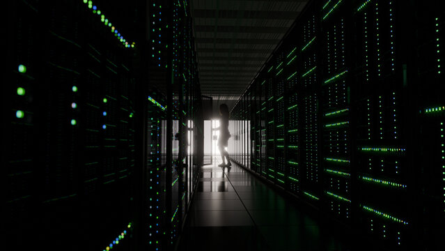3d render of an aisle in a exascale class data center showing racks of computers and storage.  A woman is standing in front of one of the racks with the rack door open.