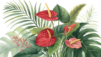 red anthurium tropical bouquet with green leaves