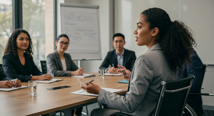 Diverse leadership: Businesswoman presenting insights to multicultural colleagues at a conference table