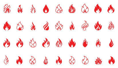 Set of red fire flame icons in various styles and shapes on transparent white background