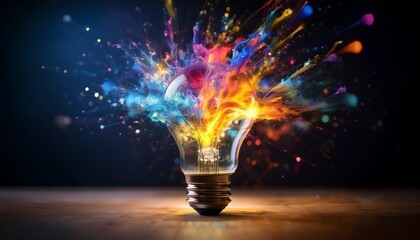 a glowing light bulb bursting with colorful abstract energy representing creativity innovation imagination and artistic inspiration
