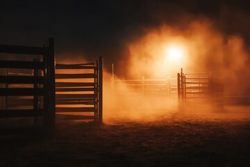 Nighttime Ranch Scene Illuminated Wooden Fence Dust Orange Fog Farm Dark Light Gates Rural Moody    