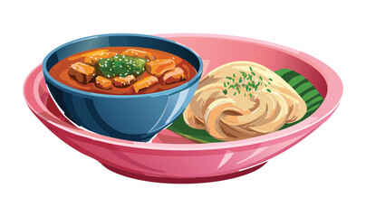 Braised Pork and Broth with Plain Noodles on the Side - Vector Illustration