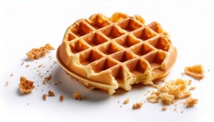 a golden waffle with a bitten piece and crumbs isolated on a white background crispy and appetizing breakfast food