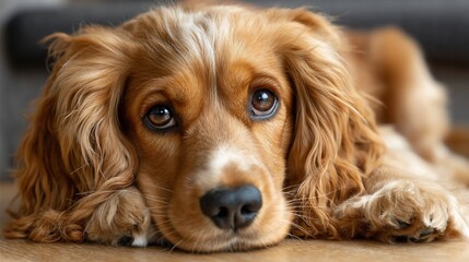 Golden spaniel rests with pleading eyes