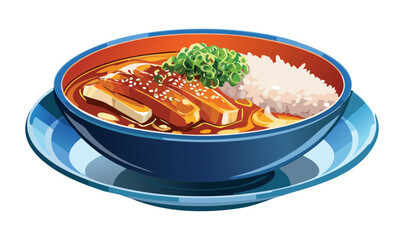 Steamed Rice and Noodle Dish and Grilled Chicken Slice with Chopped Greens - Vector Illustration