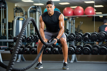 Plakat A person exercises with battle ropes in a gym, surrounded by various fitness equipment and dumbbells.