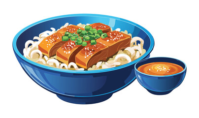 Udon Noodle Soup with Sliced Meat and Side Broth - Vector Illustration