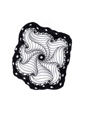 An abstract black and white drawing in the form of a rounded multi-bladed vortex, where wave-like ribbons diverge from the center in a spiral.