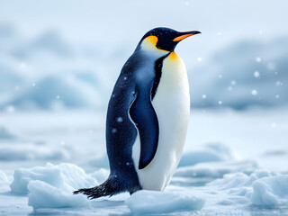 Fototapeta premium Majestic Emperor Penguin in Antarctic Snow Winter Wildlife Photography Nature Scene Beautiful Bird Animal Cold Climate Ice Landscape Blue Ocean Water Fauna 
