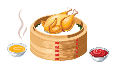 Chinese Chicken in Bamboo Steamer Basket with Sauce - Vector Illustration
