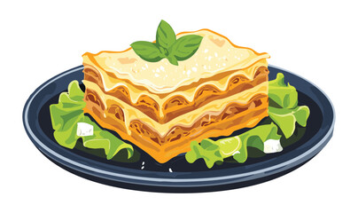Delicious Baked Lasagna with Basil on Fresh Greens - Vector Illustration