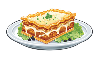 Cheesy Baked Lasagna Served with Leafy Greens - Vector Illustration