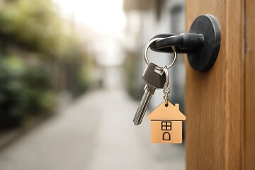 House keys on a door keyhole with a blurry background suggesting a home purchase or new property.