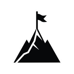 Black and white silhouette illustration of a mountain peak with a flag achieving a goal