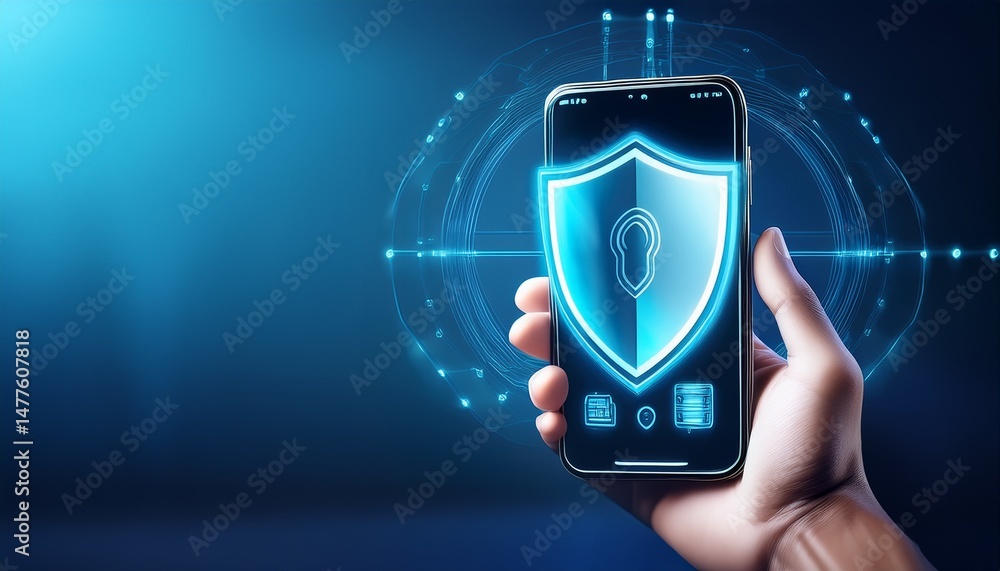 Poster a smartphone displays a shield symbol emphasizing security features designed to protect user data on