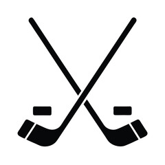 A black silhouette illustration of crossed hockey sticks and puck representing ice hockey